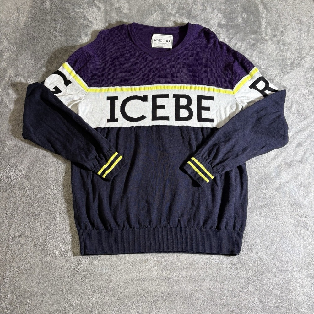 *DAMAGED Iceberg Men's sweater, Large Made In Italy; Cotton Wool Black & Purple